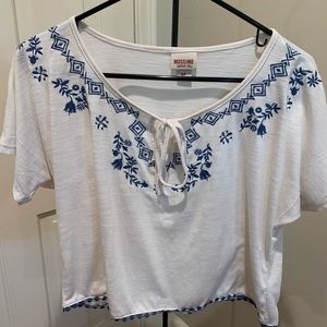 White with blue detail crop top